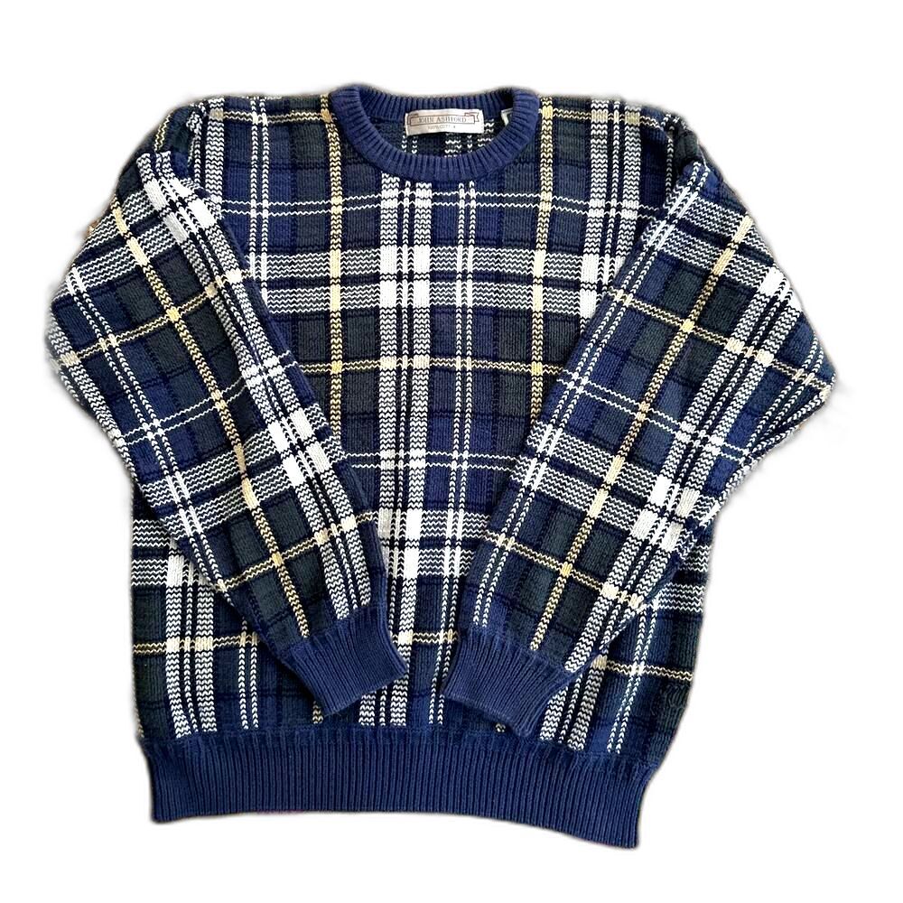VTG 90s John Ashford Golf Men's Plaid Blue Green Yellow Sweater Size L Cotton